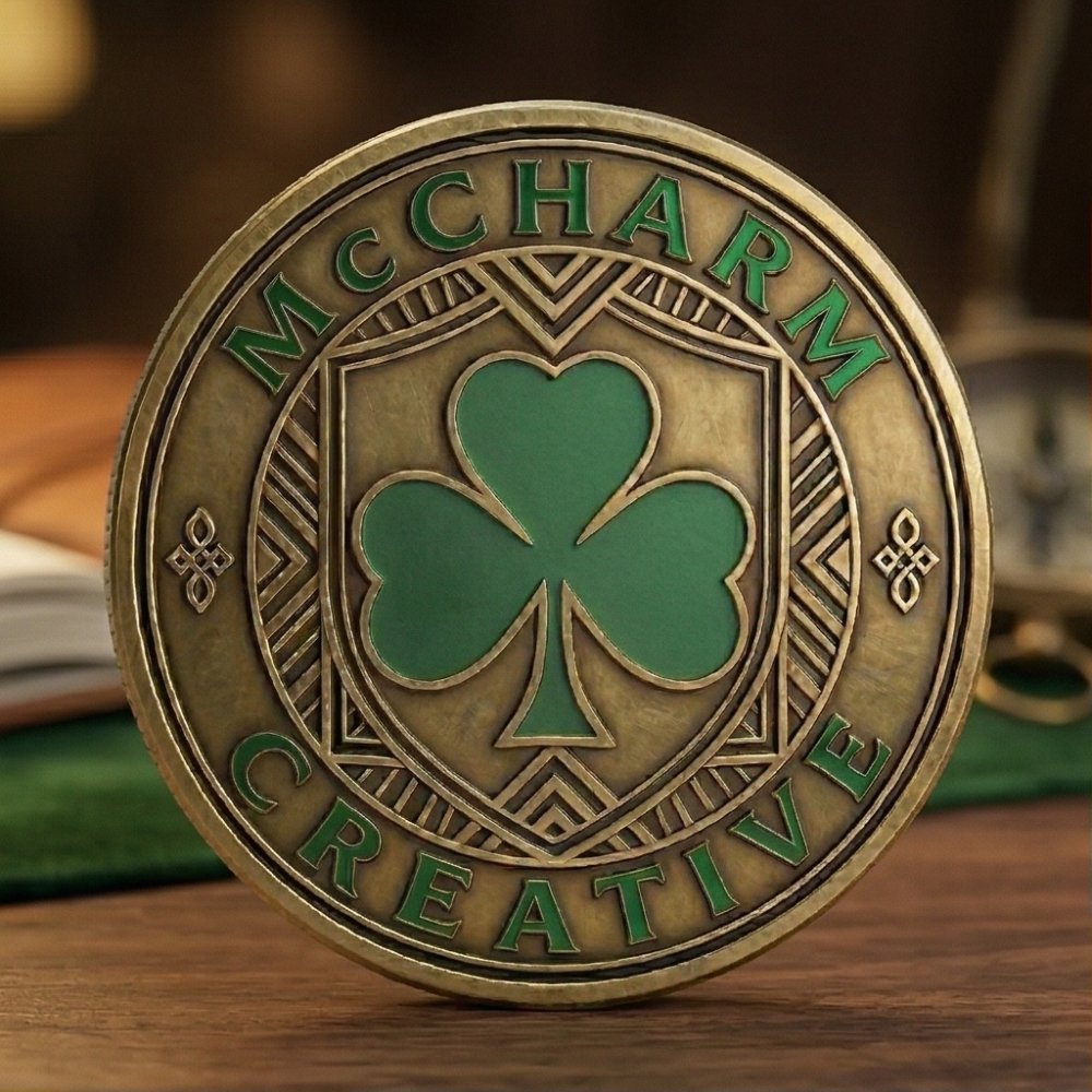 McCharm Creative challenge coin on leather desk